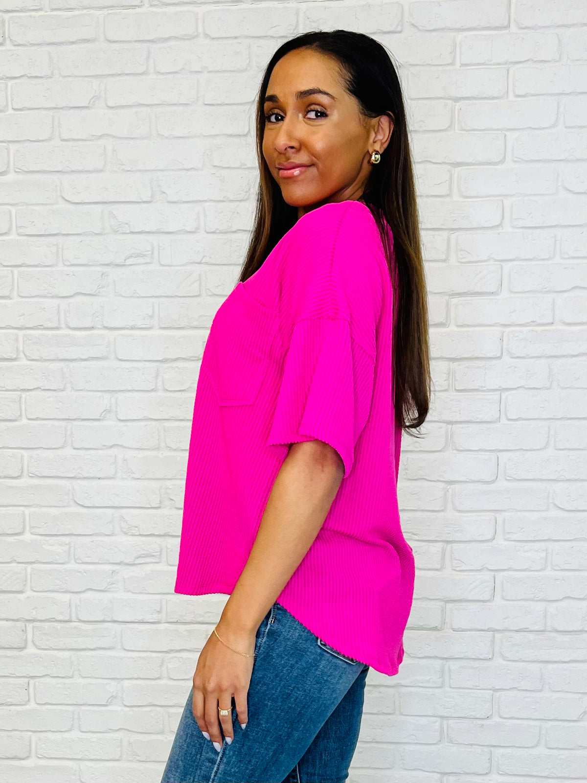 Just a Casual Girly V-Neck Basic Tee in Fuchsia - 3/7/2025