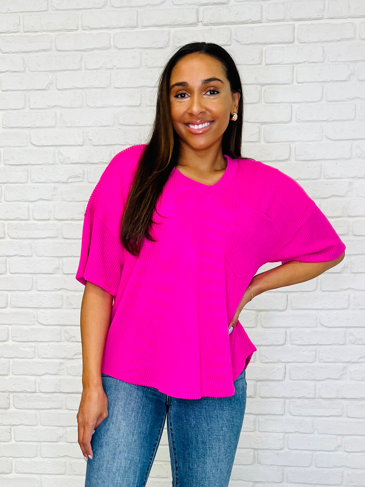 Just a Casual Girly V-Neck Basic Tee in Fuchsia - 3/7/2025