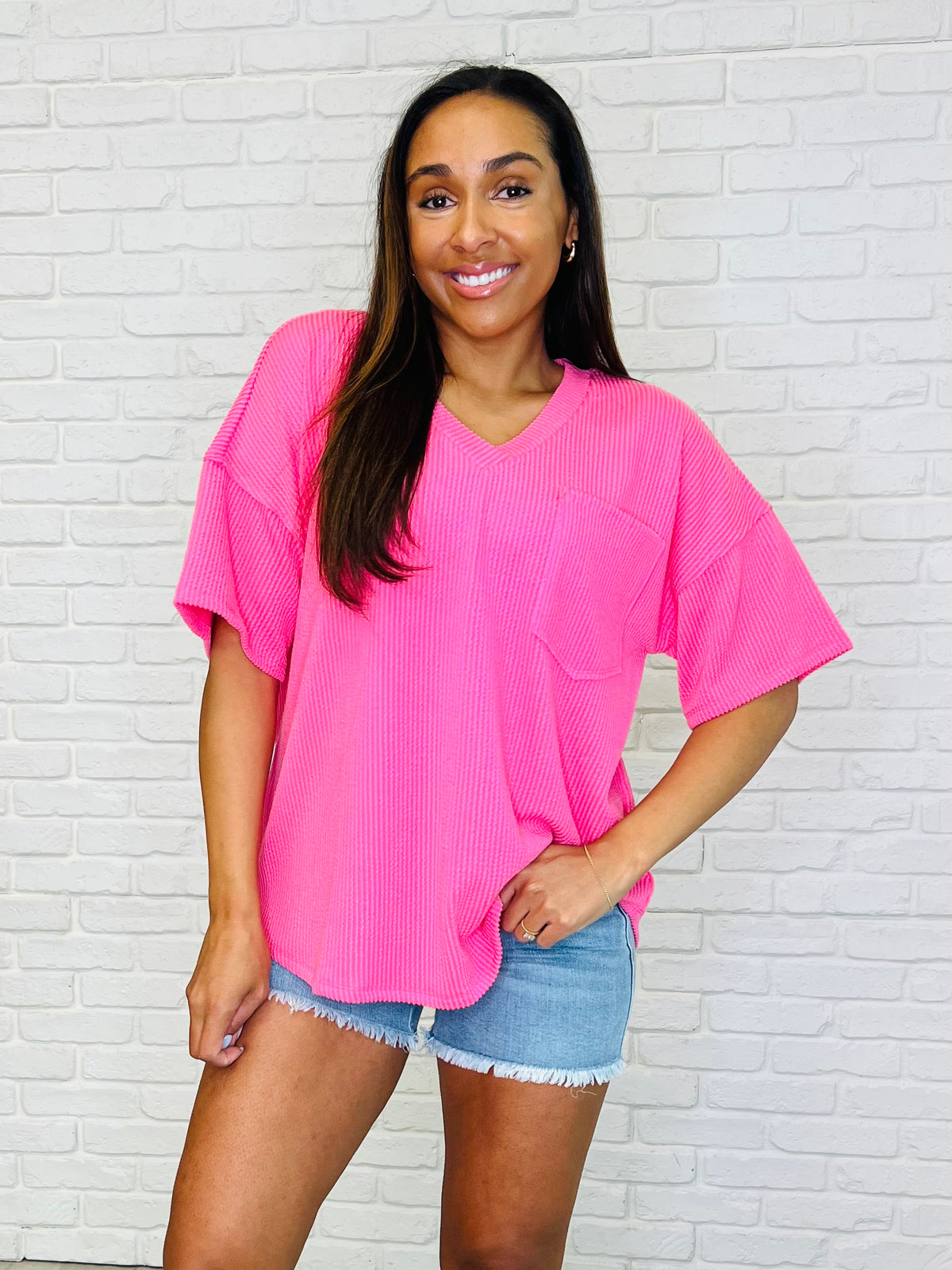 Just a Casual Girly V-Neck Basic Tee in Pink Paradise - 3/7/2025