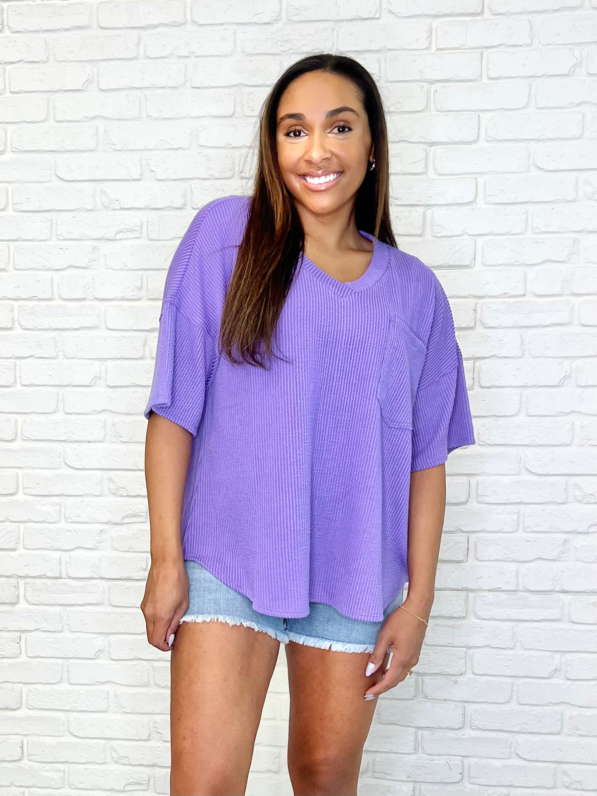 Just a Casual Girly V-Neck Basic Tee in Tropical Violet - 3/7/2025