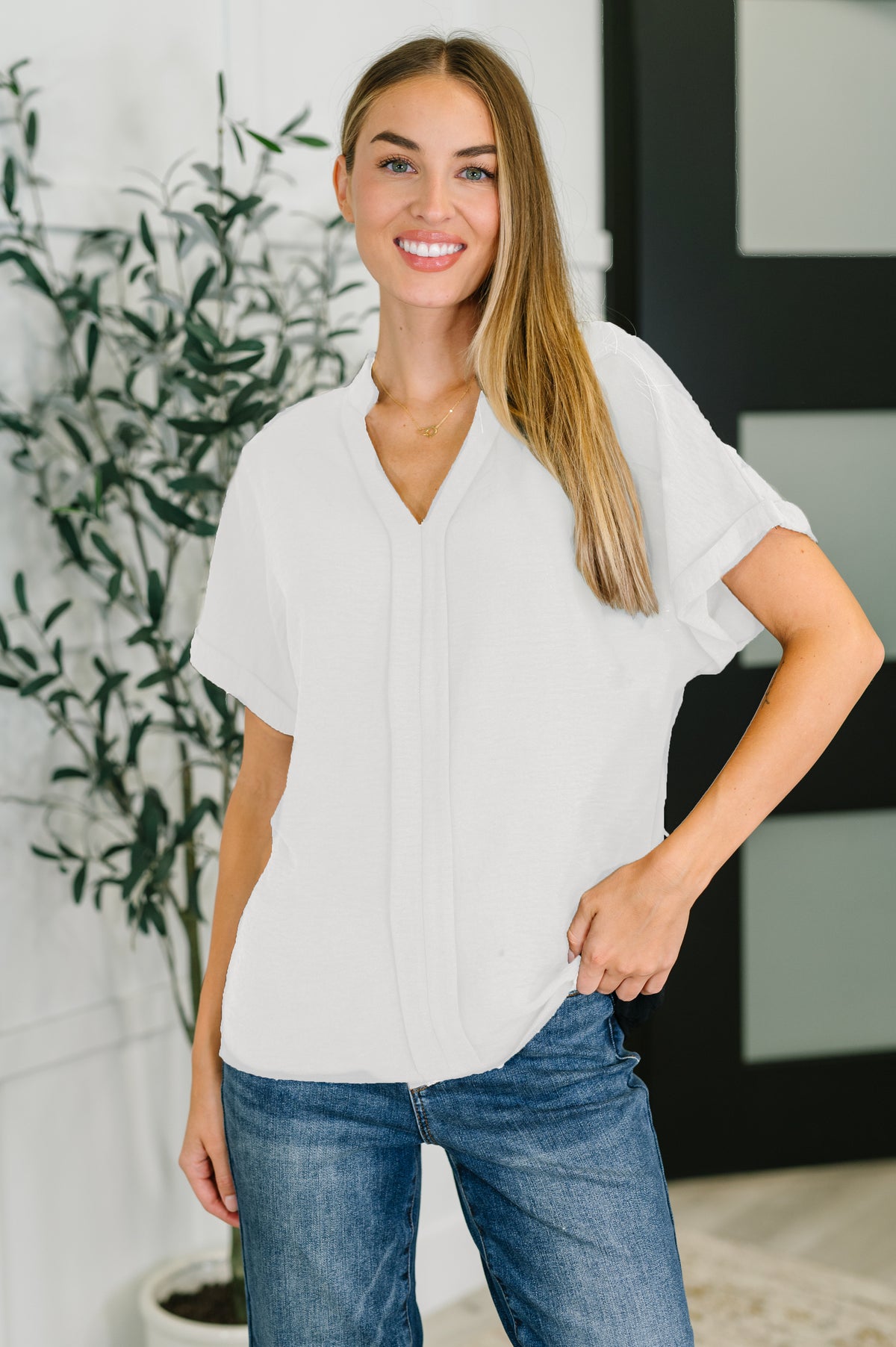 PREORDER: Crinkle Wove V-Neck Blouse in Four Colors - Ships in 4 weeks