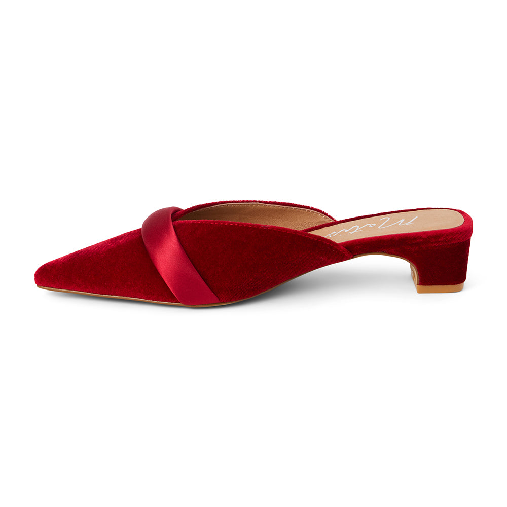 Kellan Heeled Mule – Matisse Footwear – Red velvet mule with a pointed toe, asymmetrical satin strap, and low block heel. A bold and elegant style that effortlessly elevates day-to-night dressing.