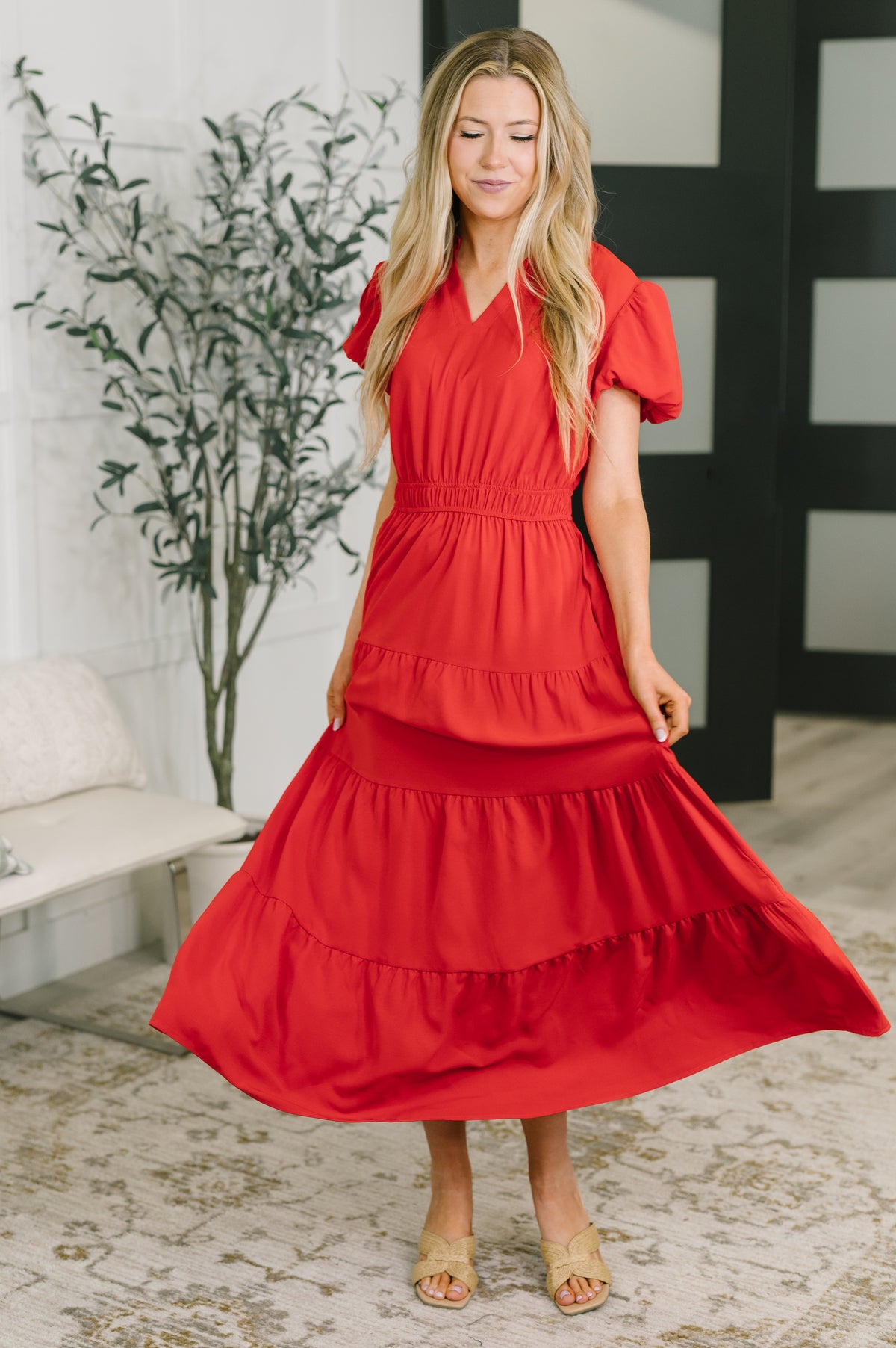 Keep You Coming Balloon Sleeve Tiered Dress in Red - 7/17/2026