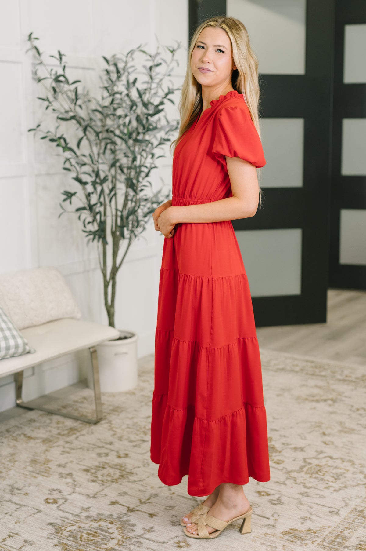 Keep You Coming Balloon Sleeve Tiered Dress in Red - 7/17/2026
