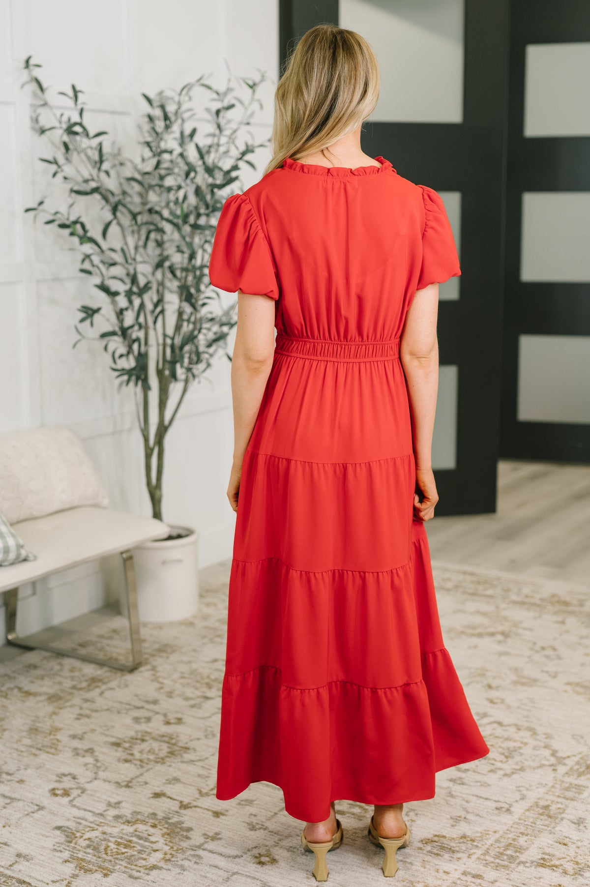 Keep You Coming Balloon Sleeve Tiered Dress in Red - 7/17/2026
