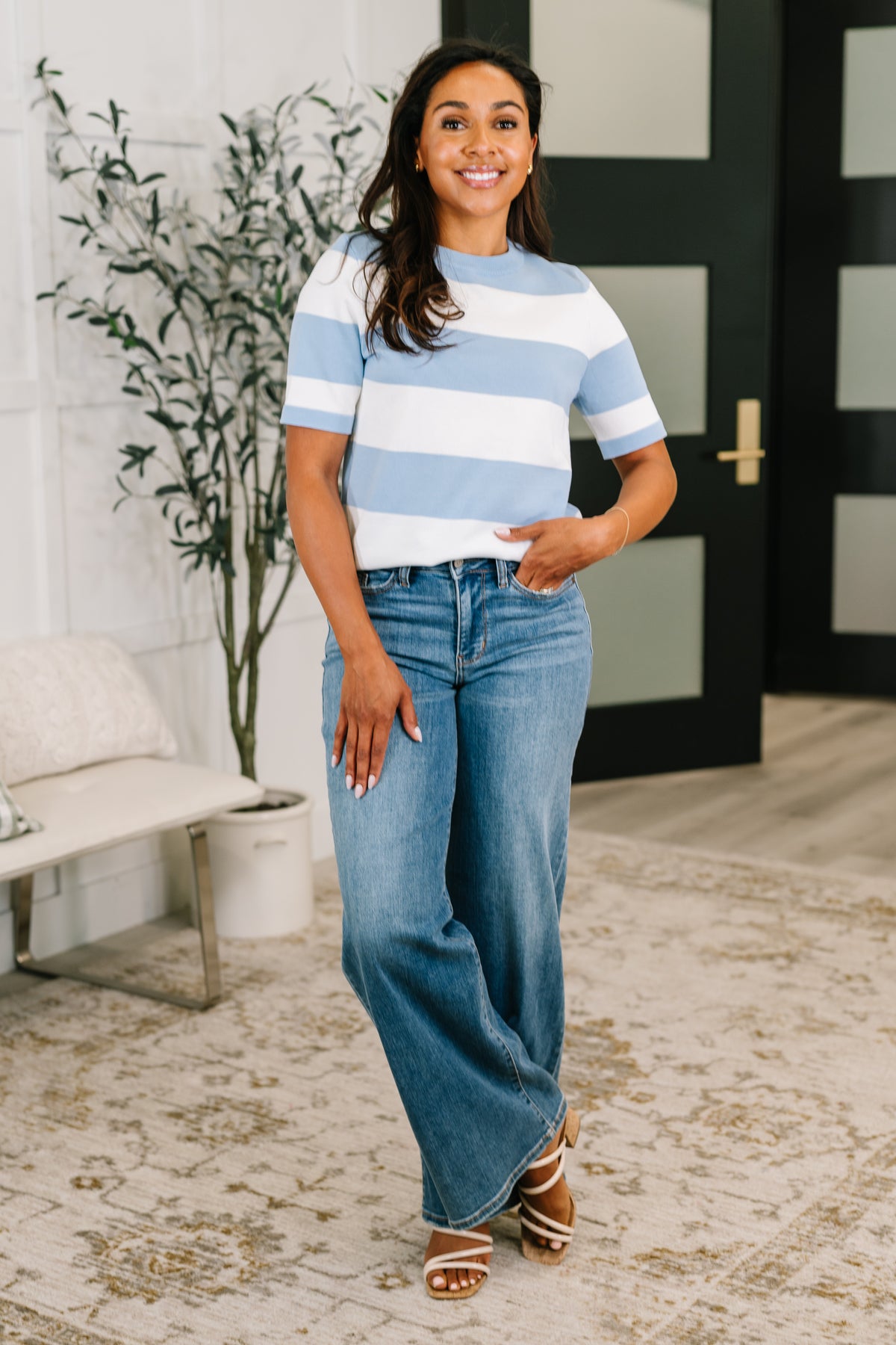 Known for a While Knit Blouse in White and Blue - 6/23/2026