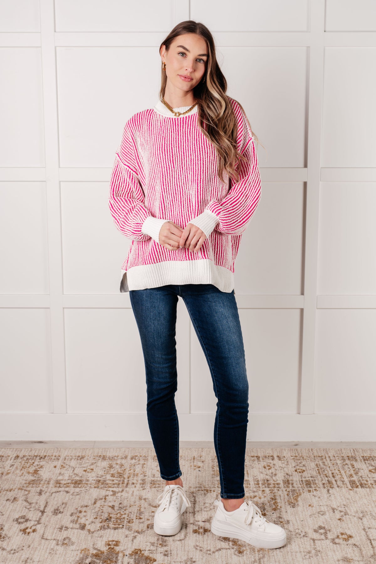 Least High Maintenance Contrast Trim Sweater in Pink - 12/17/2024