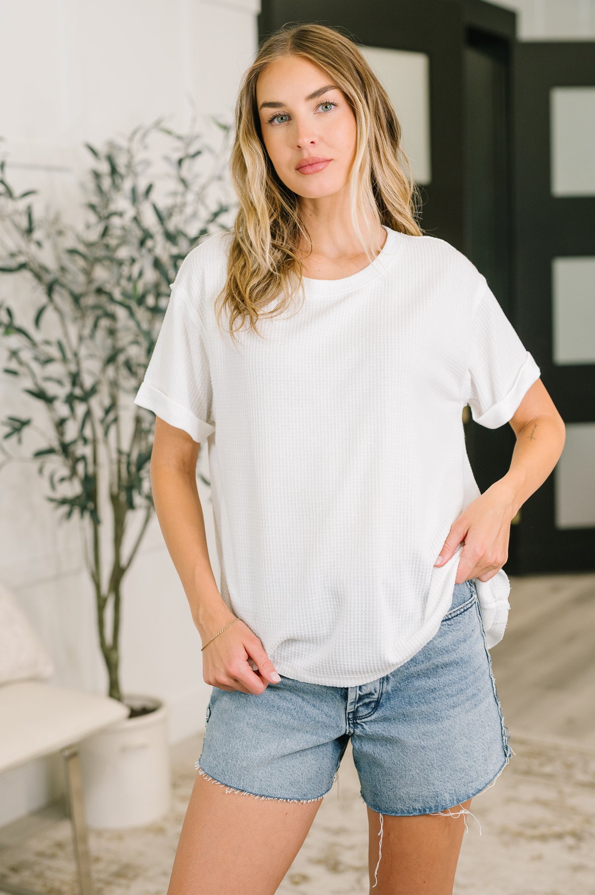 Leave It to Me Waffle Knit Relaxed Tee in Ivory - 6/30/2026