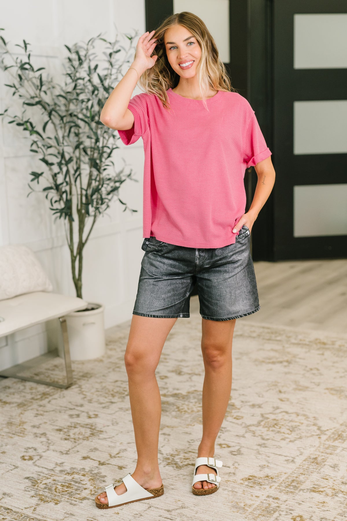 Leave It to Me Waffle Knit Relaxed Tee in  Pink - 6/30/2026