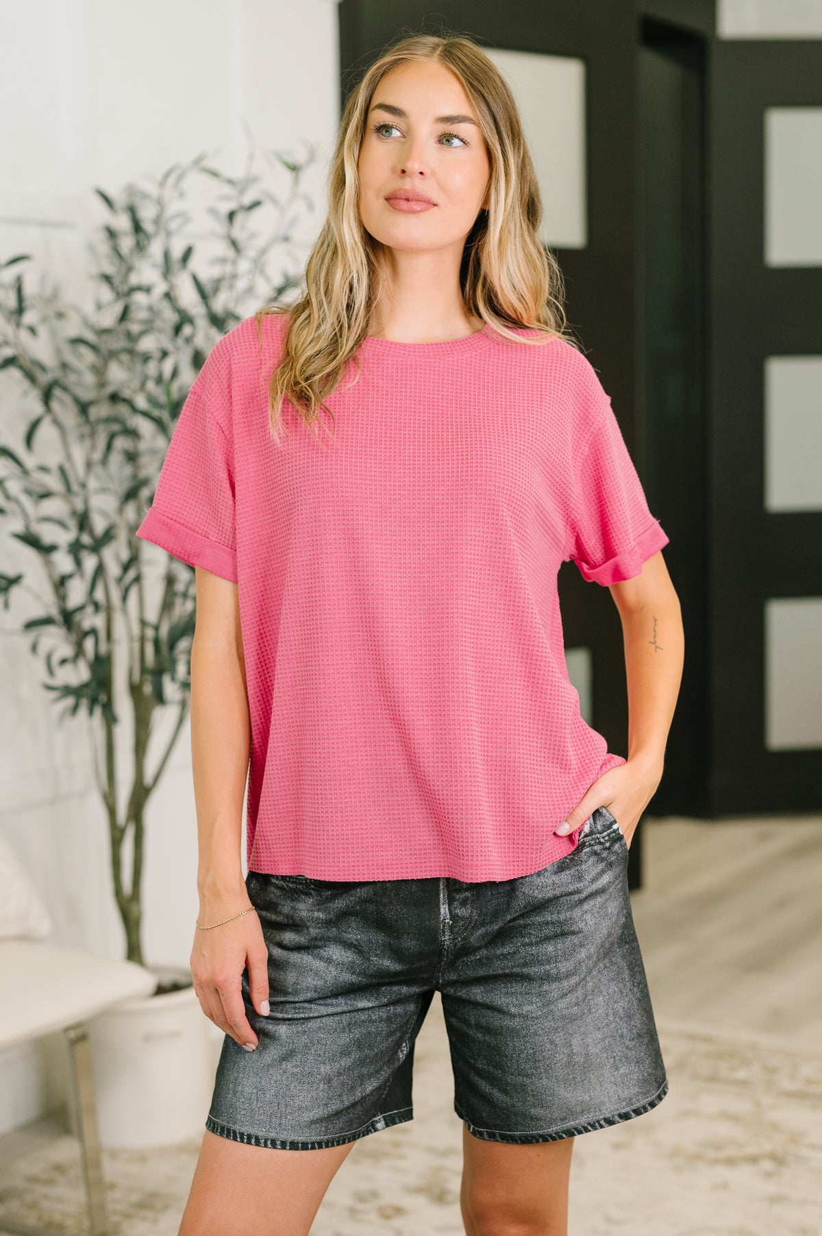 Leave It to Me Waffle Knit Relaxed Tee in  Pink - 6/30/2026