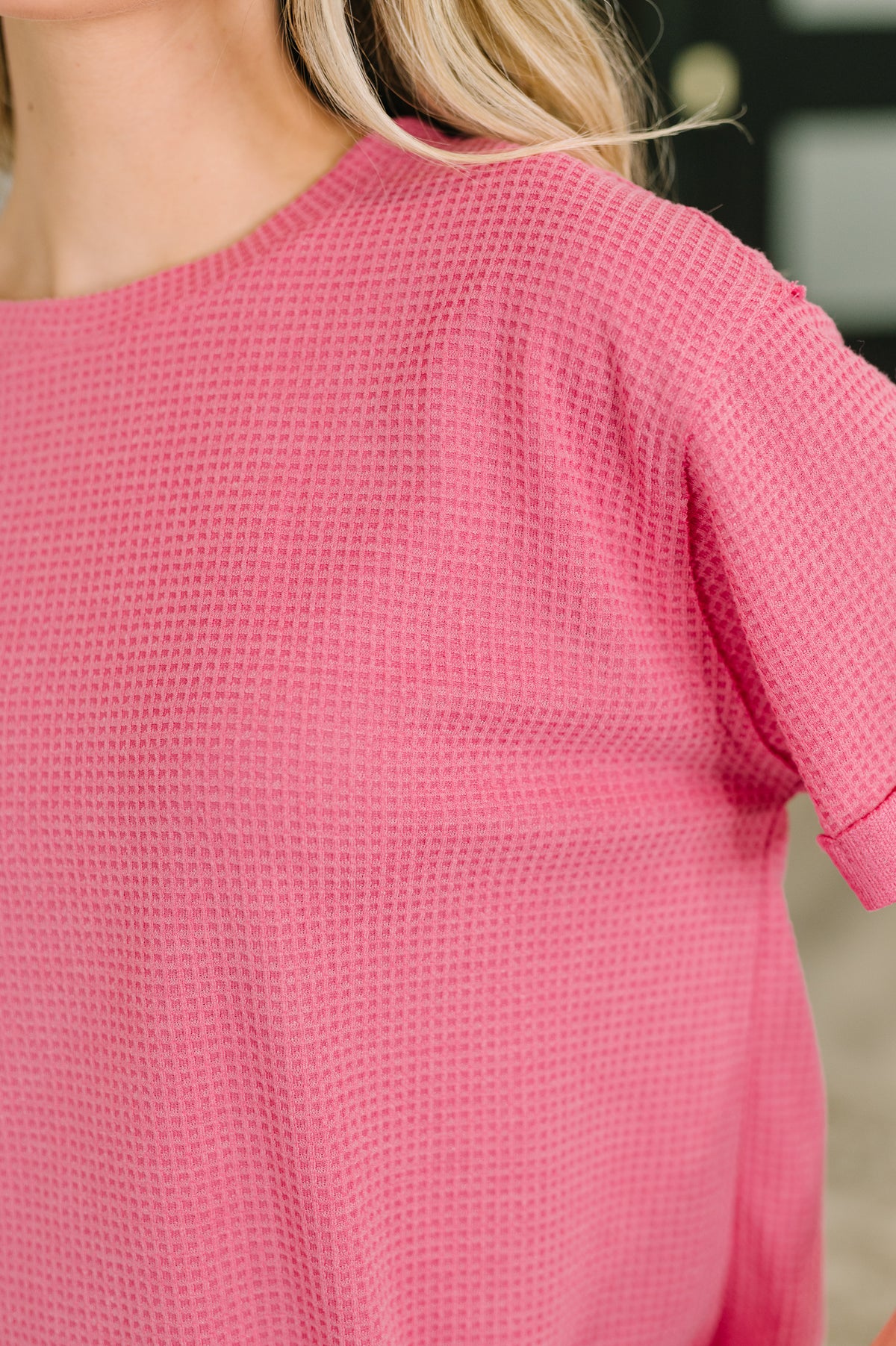 Leave It to Me Waffle Knit Relaxed Tee in  Pink - 6/30/2026