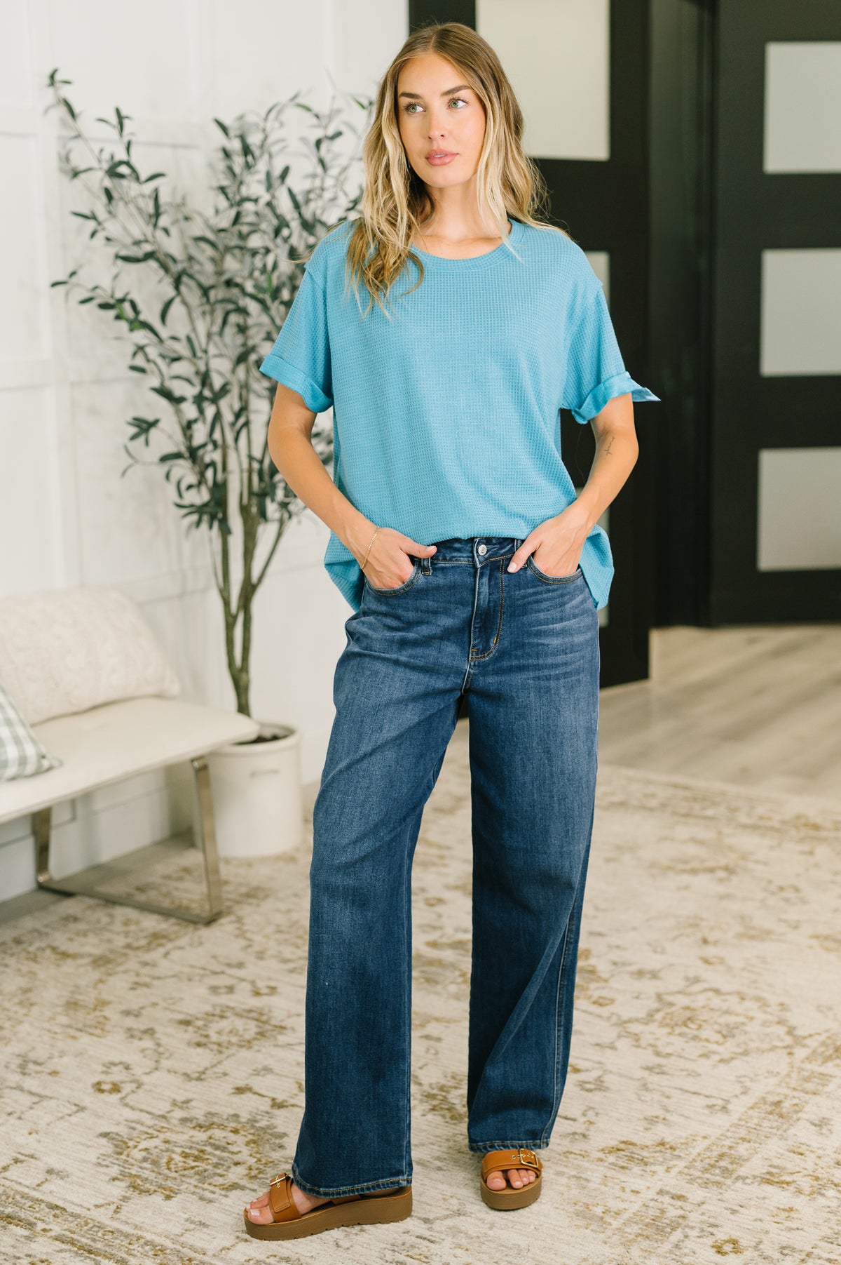 Leave It to Me Waffle Knit Relaxed Tee in Teal - 6/30/2026