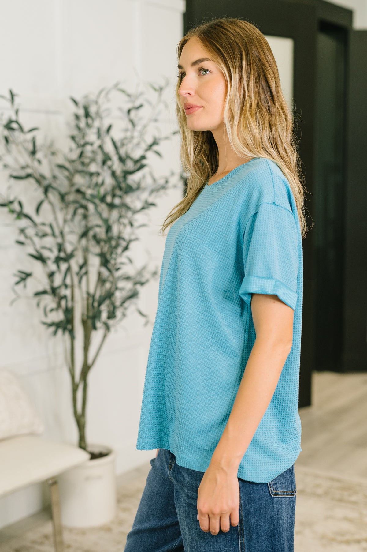 Leave It to Me Waffle Knit Relaxed Tee in Teal - 6/30/2026