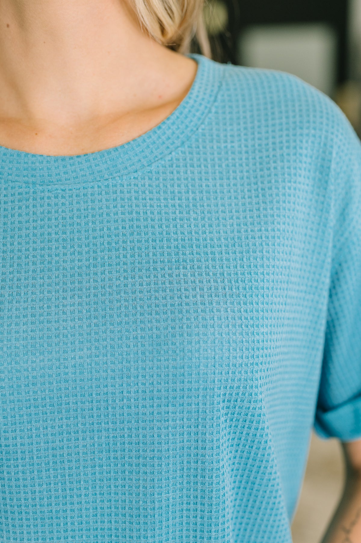 Leave It to Me Waffle Knit Relaxed Tee in Teal - 6/30/2026