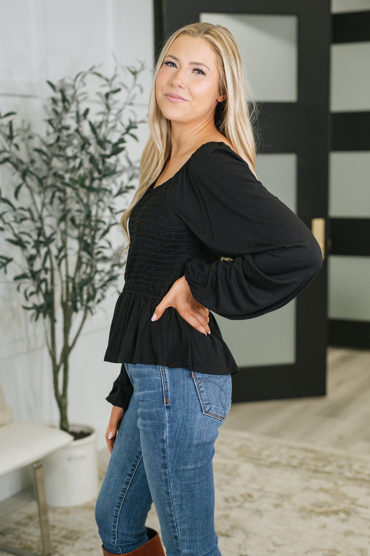 Lesson Taught Smocked Blouse in Black - 10/13/2026