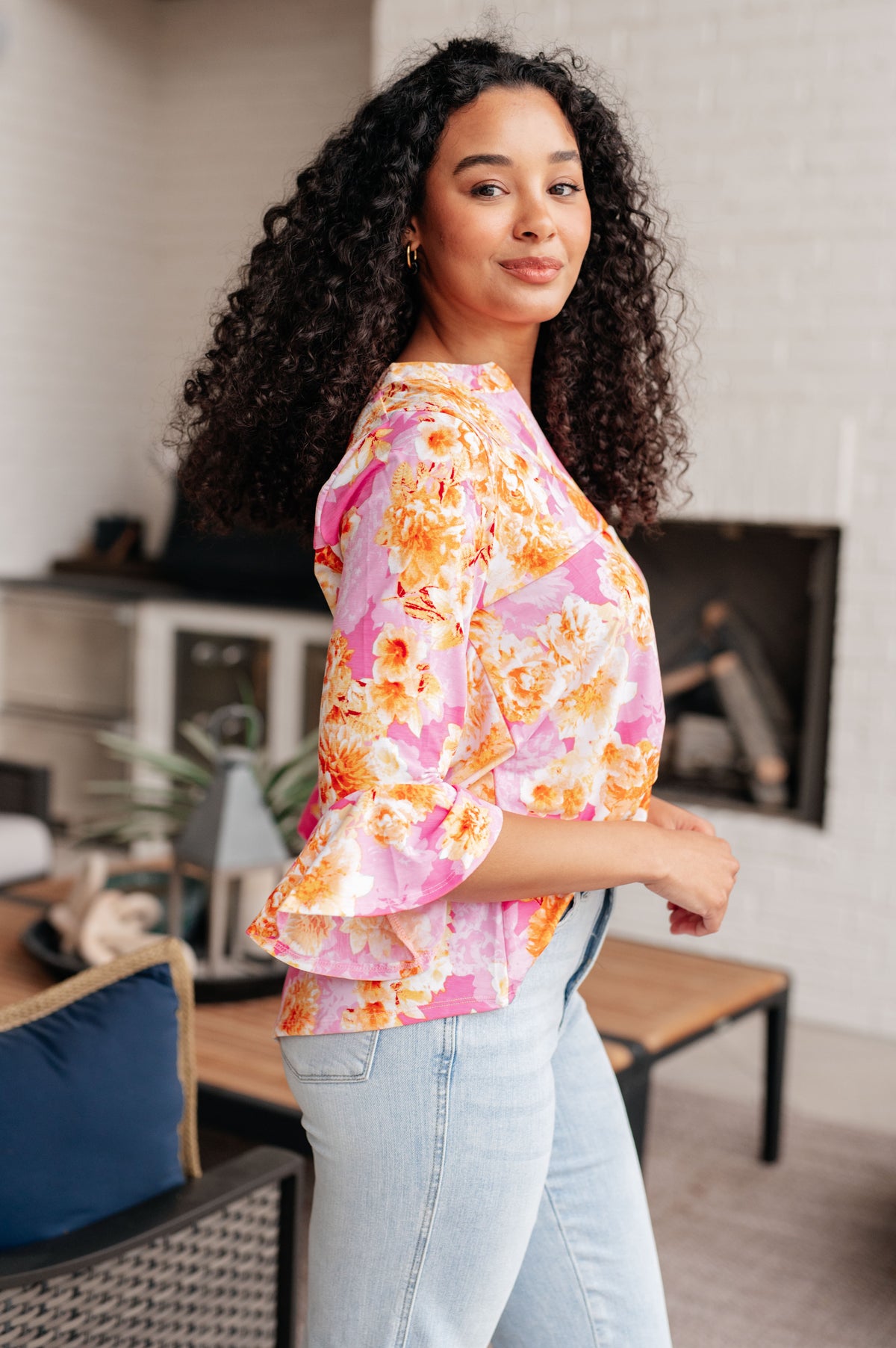 Lizzy Bell Sleeve Top in Pink and Gold Floral - 5/17/2024