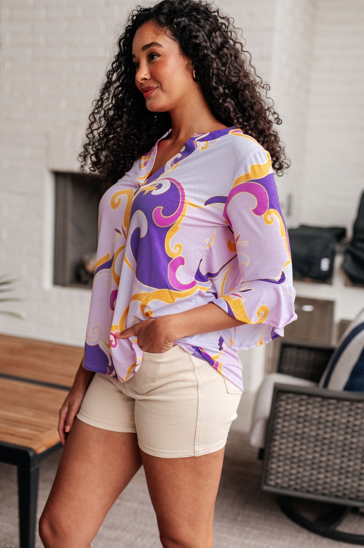 Lizzy Bell Sleeve Top in Regal Lavender and Gold - 5/17/2024