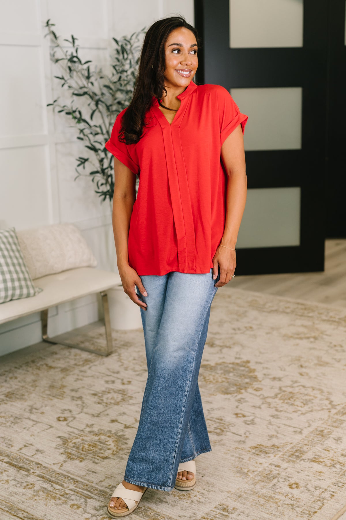 Lizzy Bloom Split Neck Blouse in Red - 5/26/2026