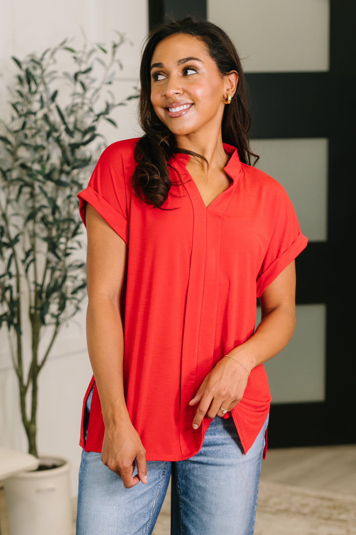 Lizzy Bloom Split Neck Blouse in Red - 5/26/2026