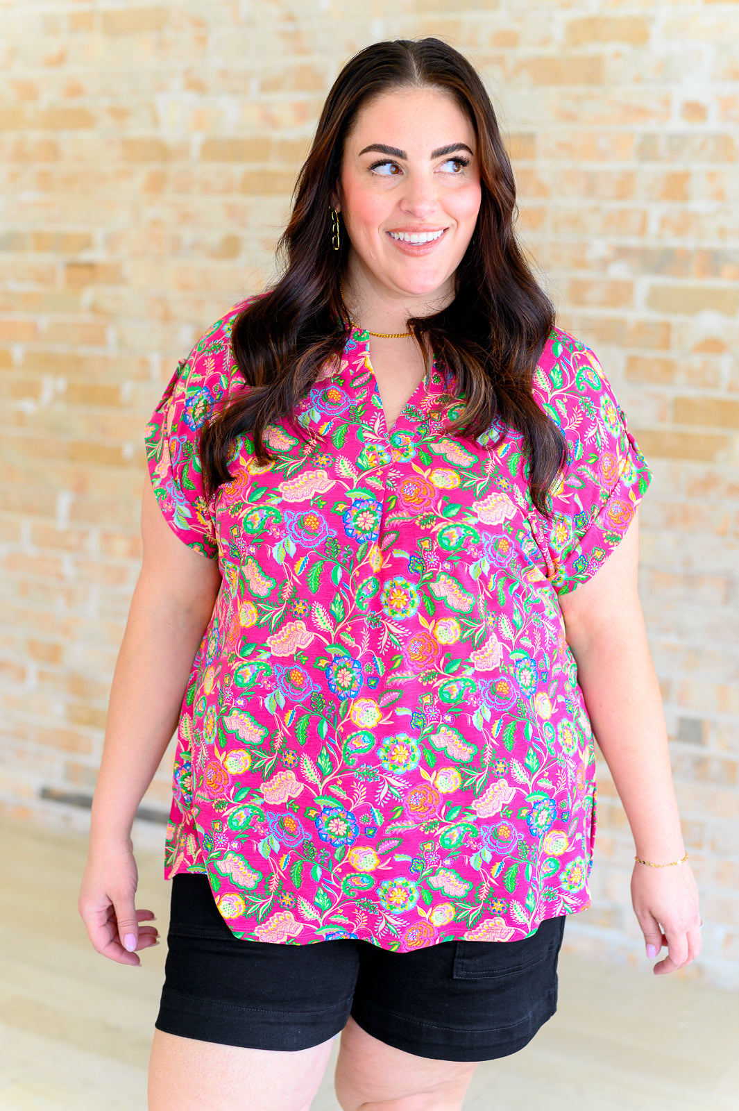 Lizzy Cap Sleeve Top in Fuchsia and Green Floral Paisley - 5/31/2024