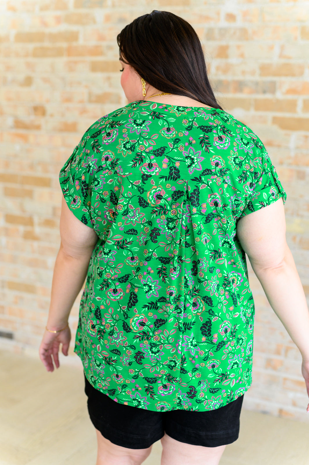 Lizzy Cap Sleeve Top in Green and Black Floral - 5/31/2024