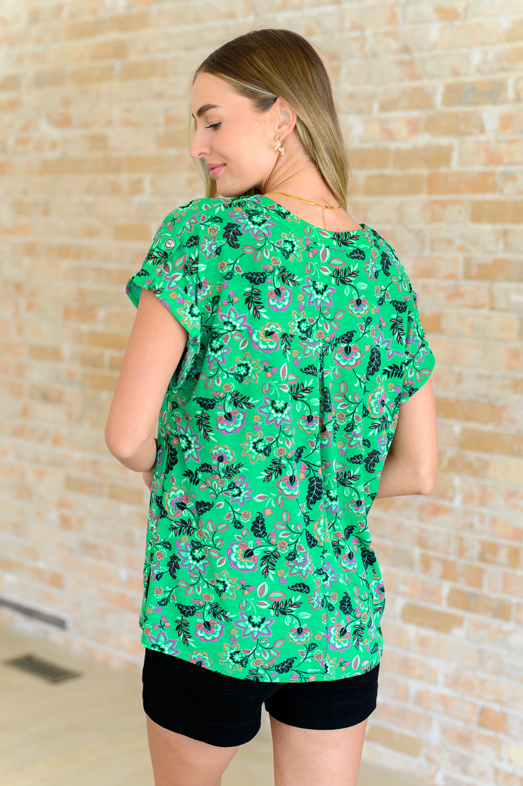 Lizzy Cap Sleeve Top in Green and Black Floral - 5/31/2024