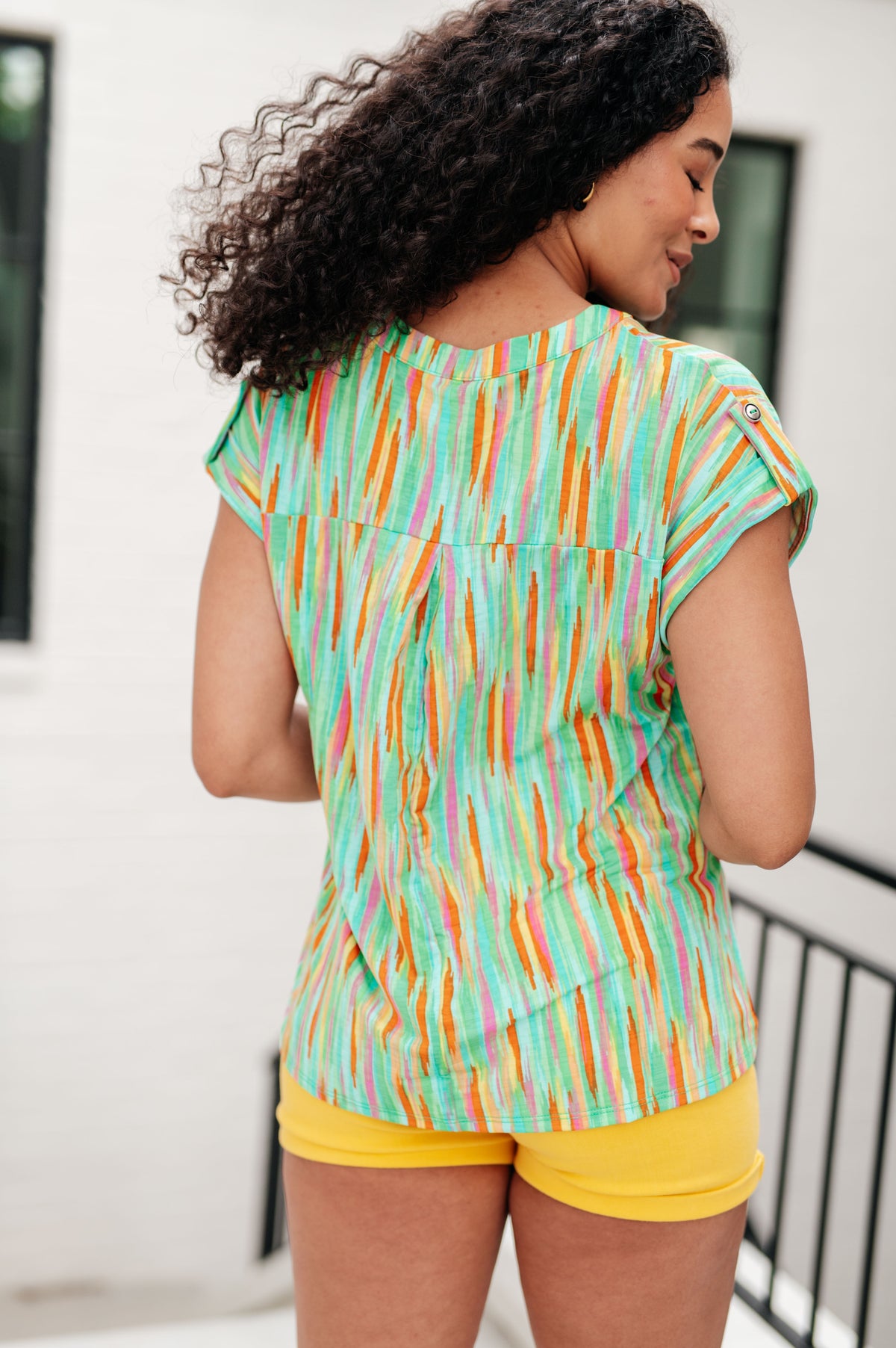 Lizzy Cap Sleeve Top in Lime and Emerald Multi Stripe - 5/17/2024
