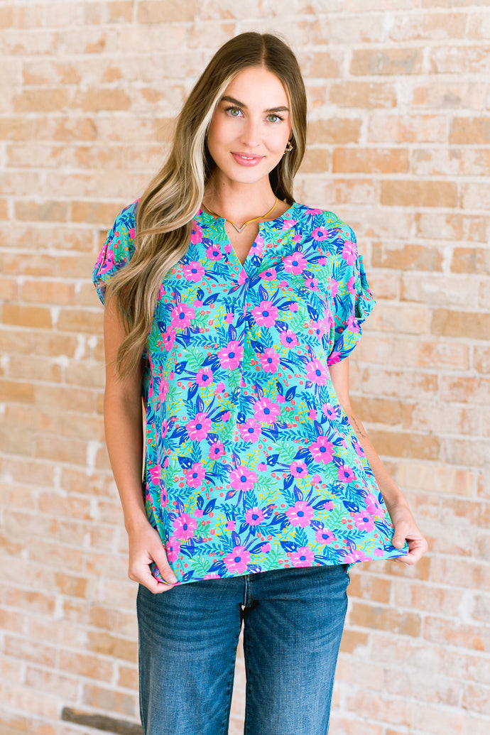 Lizzy Cap Sleeve Top in Mint and Lavender Floral - 5/31/2024