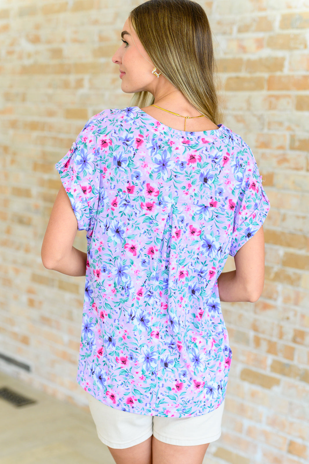Lizzy Cap Sleeve Top in Muted Lavender and Pink Floral - 5/31/2024