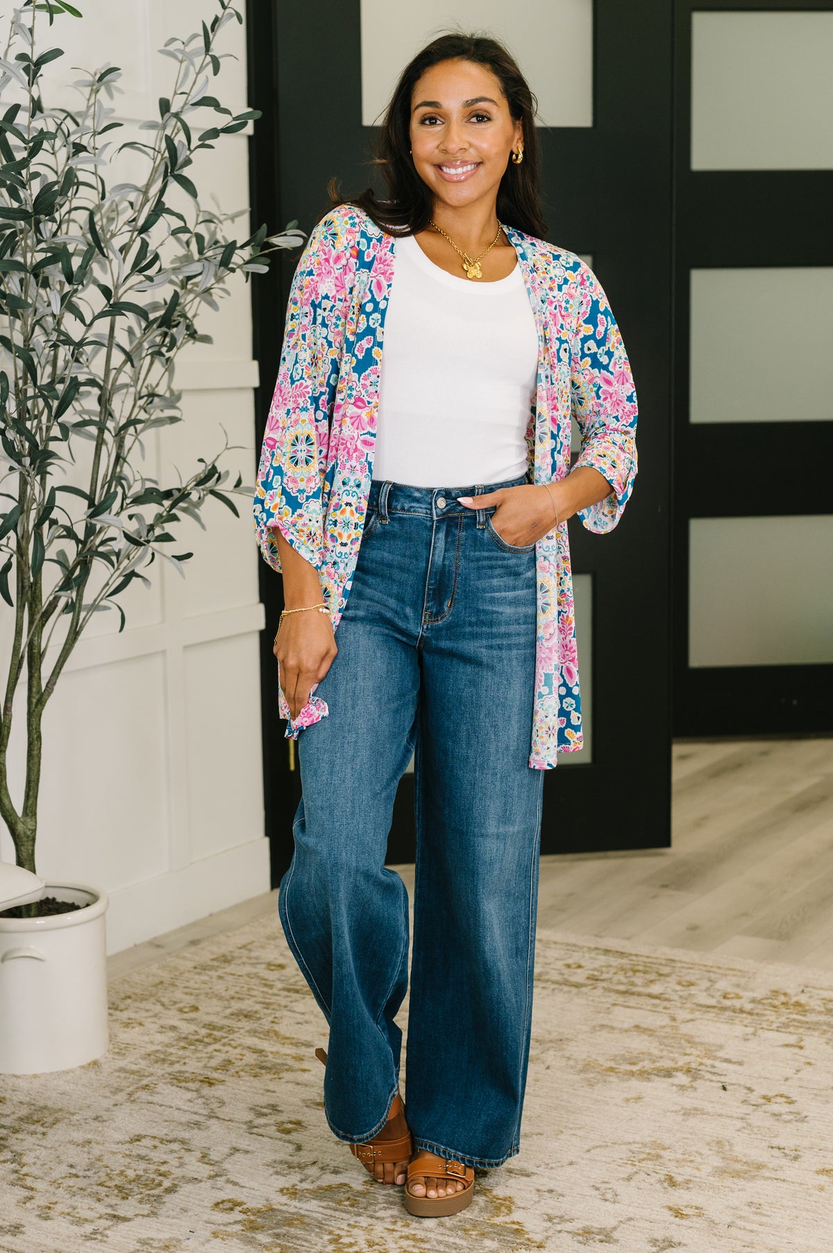 Lizzy Cardigan in Teal and Pink Floral Abstract - 2/3/2026