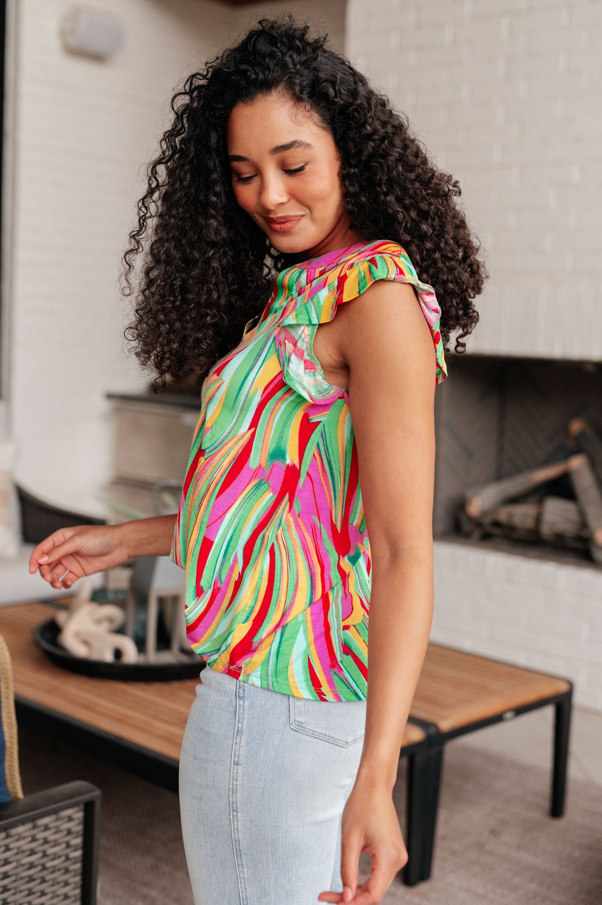 Lizzy Flutter Sleeve Top in Green Multi Abstract Stripe - 5/10/2024
