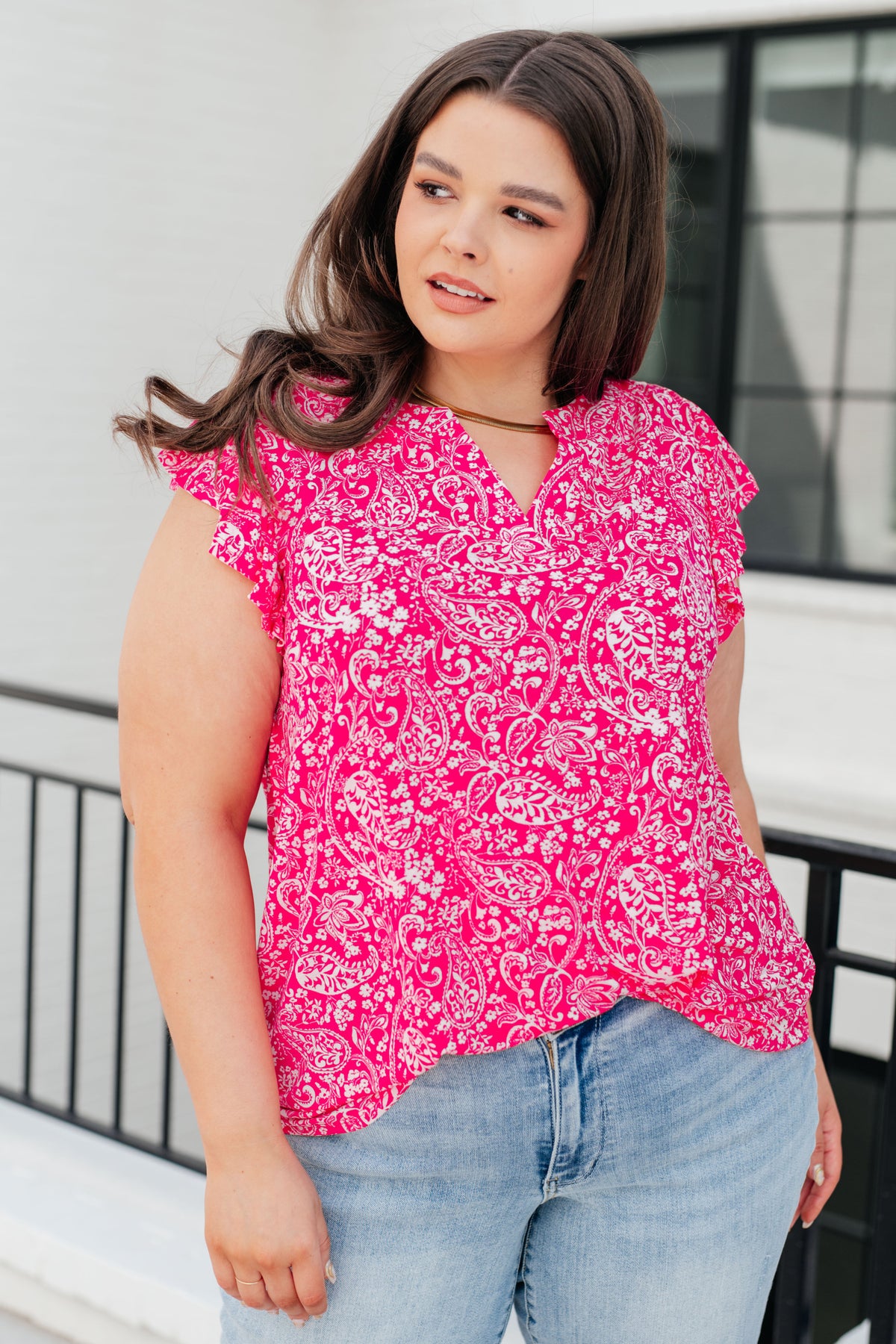 Lizzy Flutter Sleeve Top in Hot Pink and White Floral - 5/10/2024