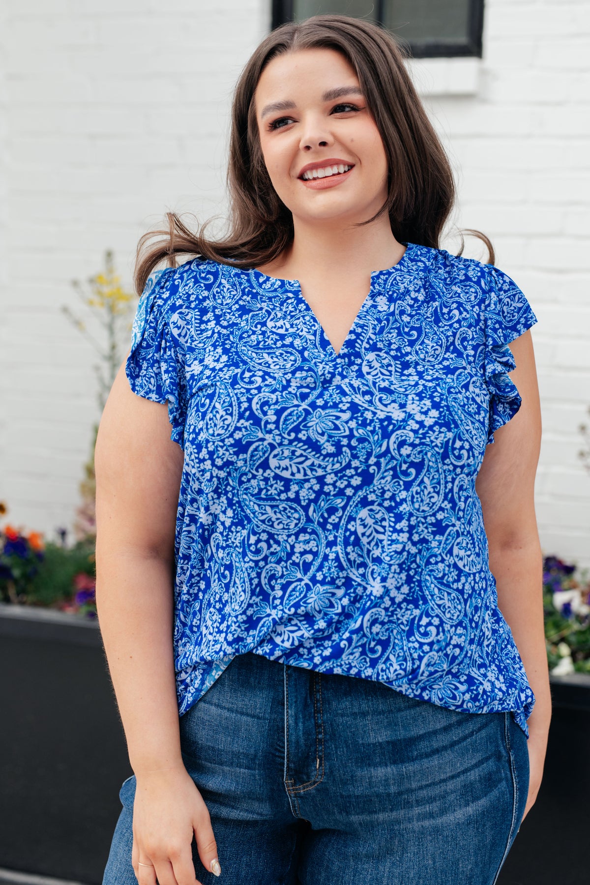 Lizzy Flutter Sleeve Top in Royal Blue and White Floral - 5/10/2024
