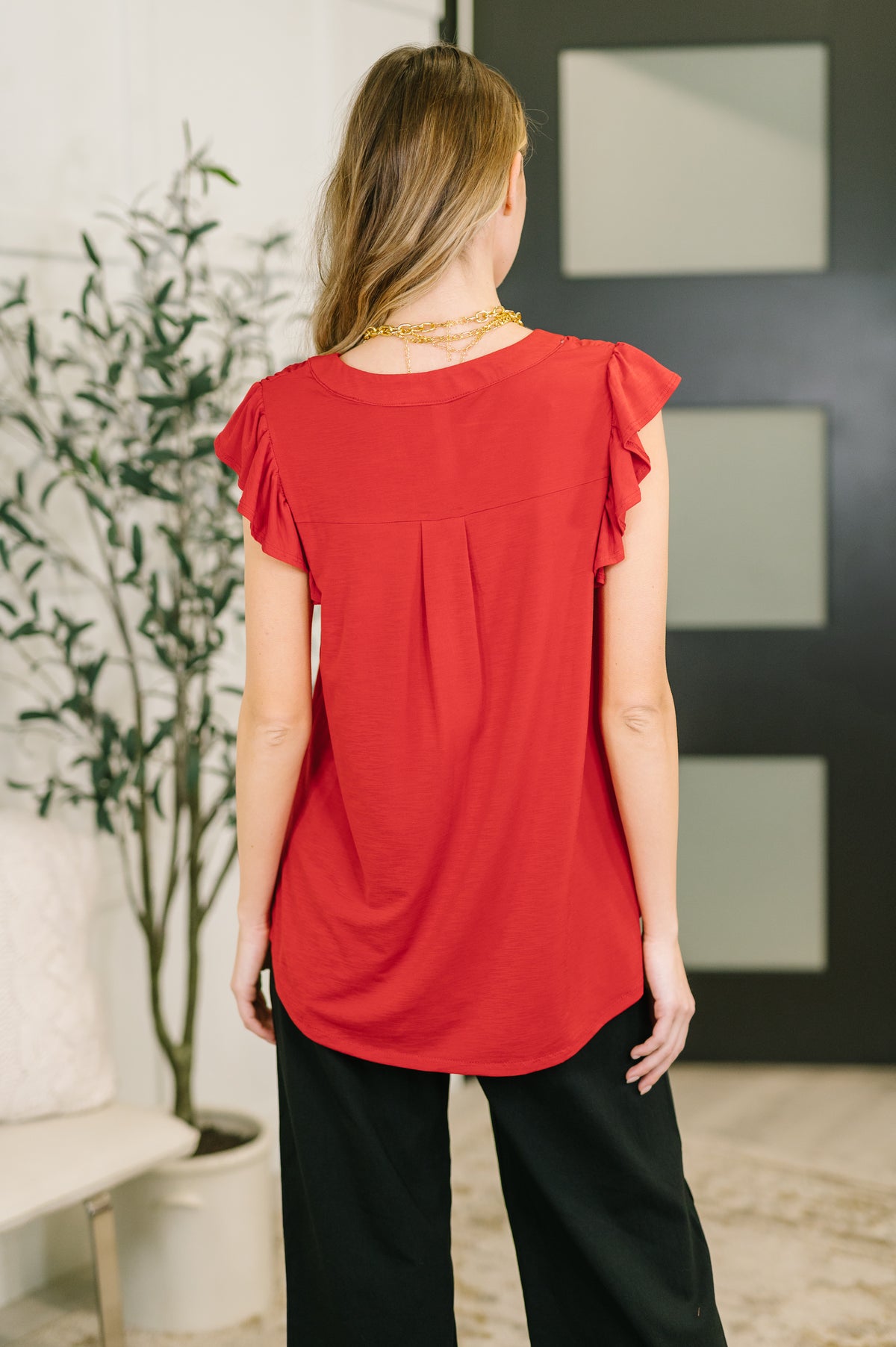 Lizzy Flutter Sleeve V-Neck Blouse in Red - 3/10/2026
