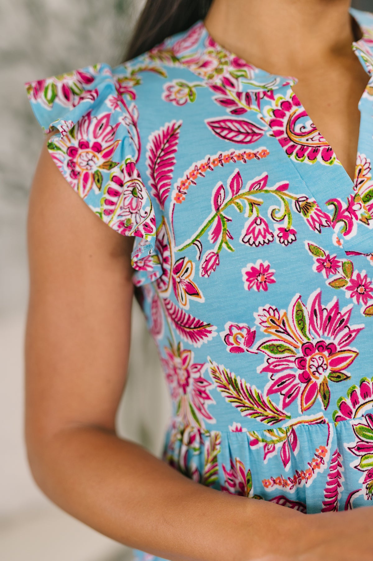 Lizzy Forever Flutter Sleeve Dress in Blue and Pink Paisley Floral - 2/24/2026