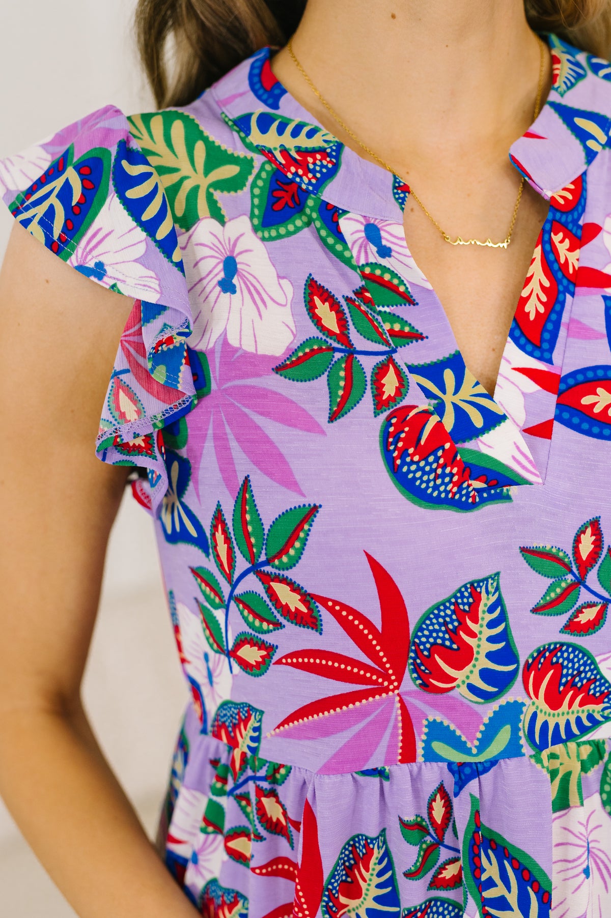 Lizzy Flutter Sleeve Dress in Multi Leaf - 3/27/2026