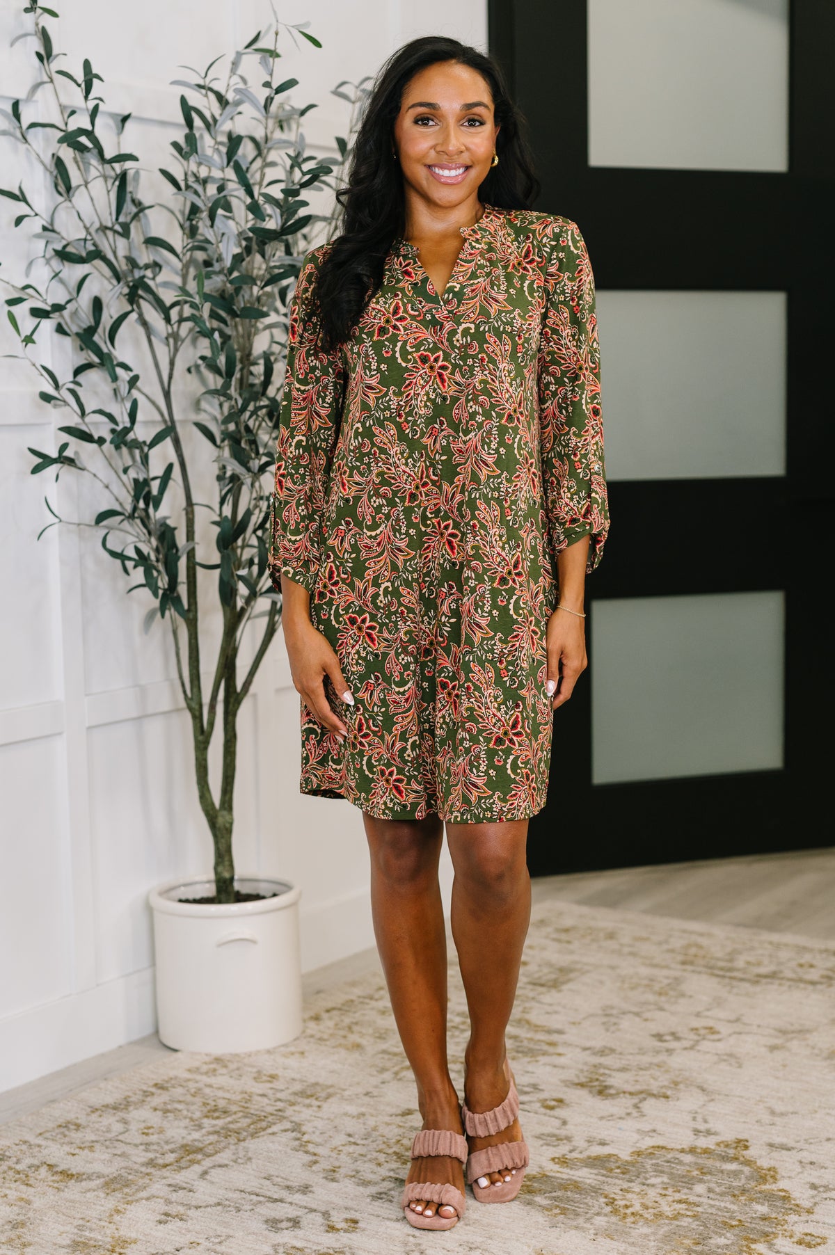 Lizzy Long Sleeve Dress in Olive Paisley - 10/14/2025