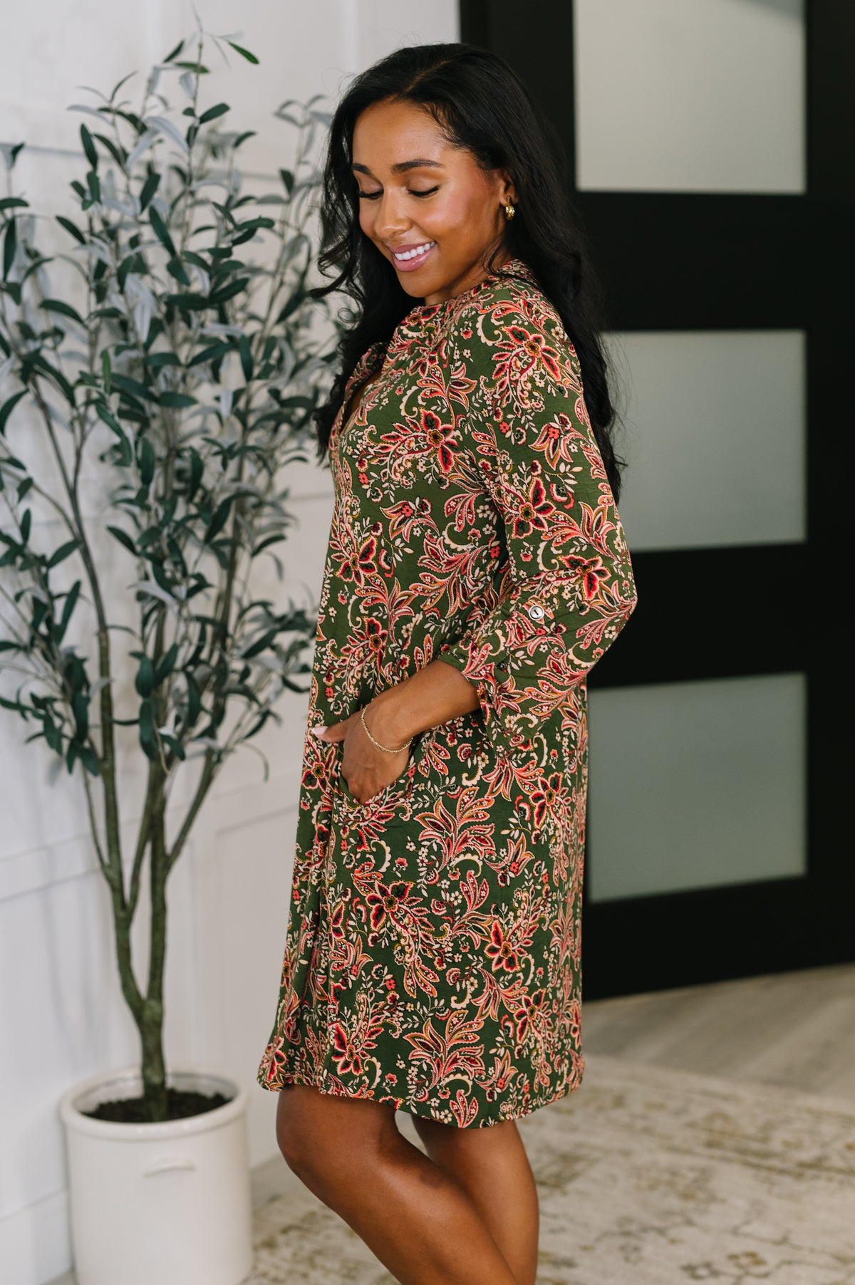 Lizzy Long Sleeve Dress in Olive Paisley - 10/14/2025
