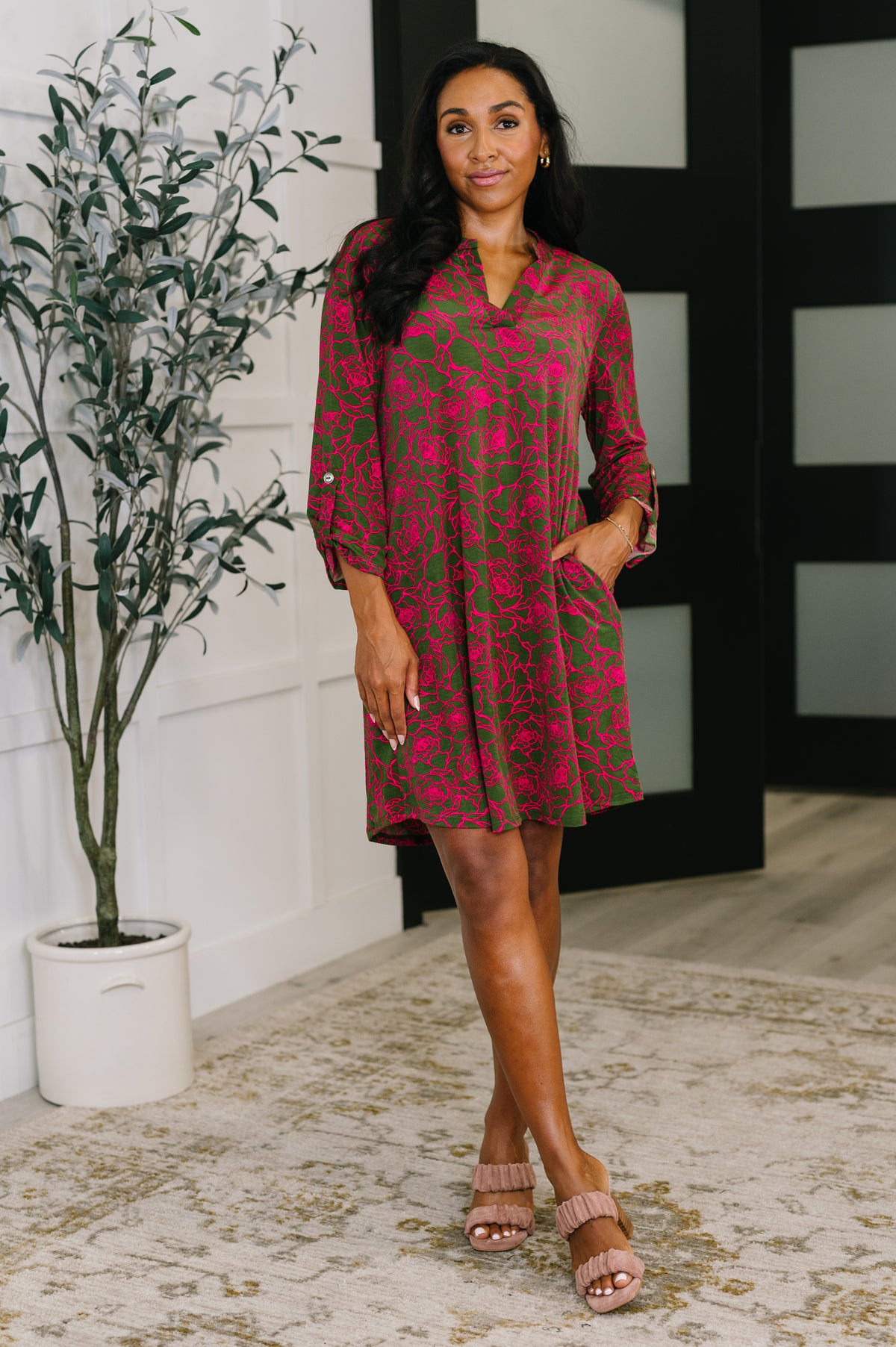 Lizzy Long Sleeve Dress in Pink and Olive Abstract Floral - 10/14/2025