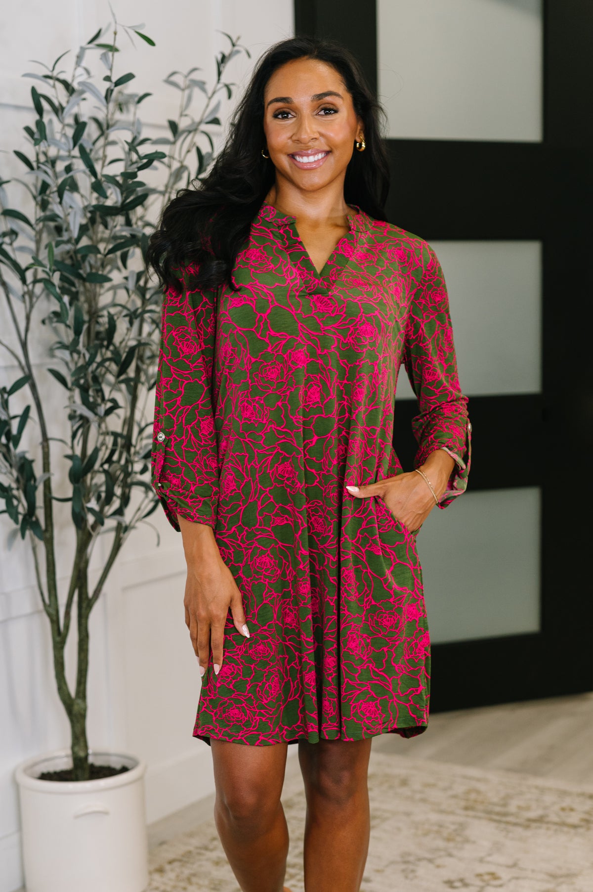 Lizzy Long Sleeve Dress in Pink and Olive Abstract Floral - 10/14/2025