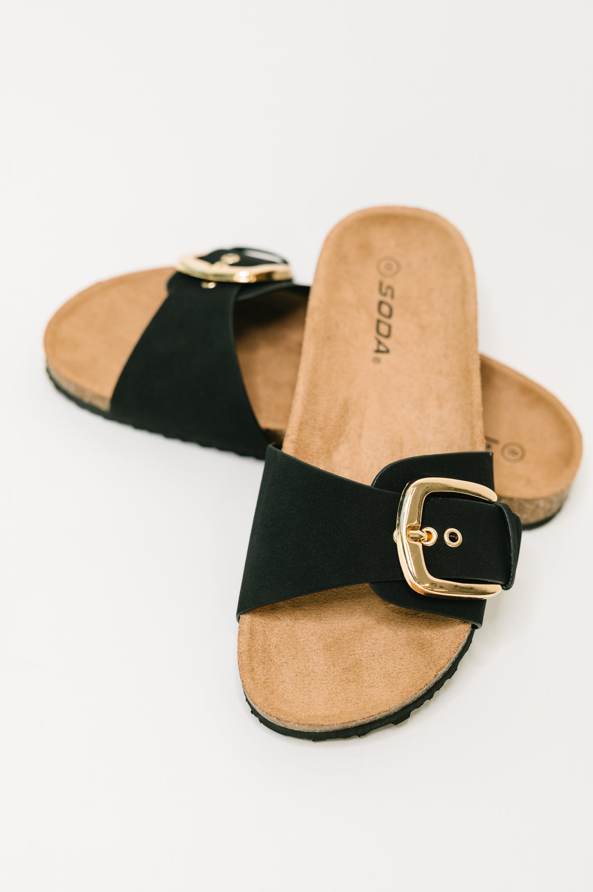 Lizzy Slip On Buckle Strap Sandal in Black - 5/12/2026 NEW