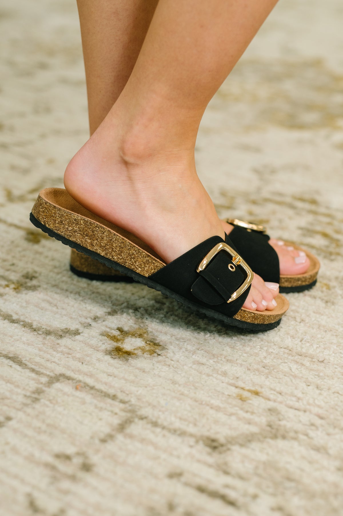 Lizzy Slip On Buckle Strap Sandal in Black - 5/12/2026 NEW
