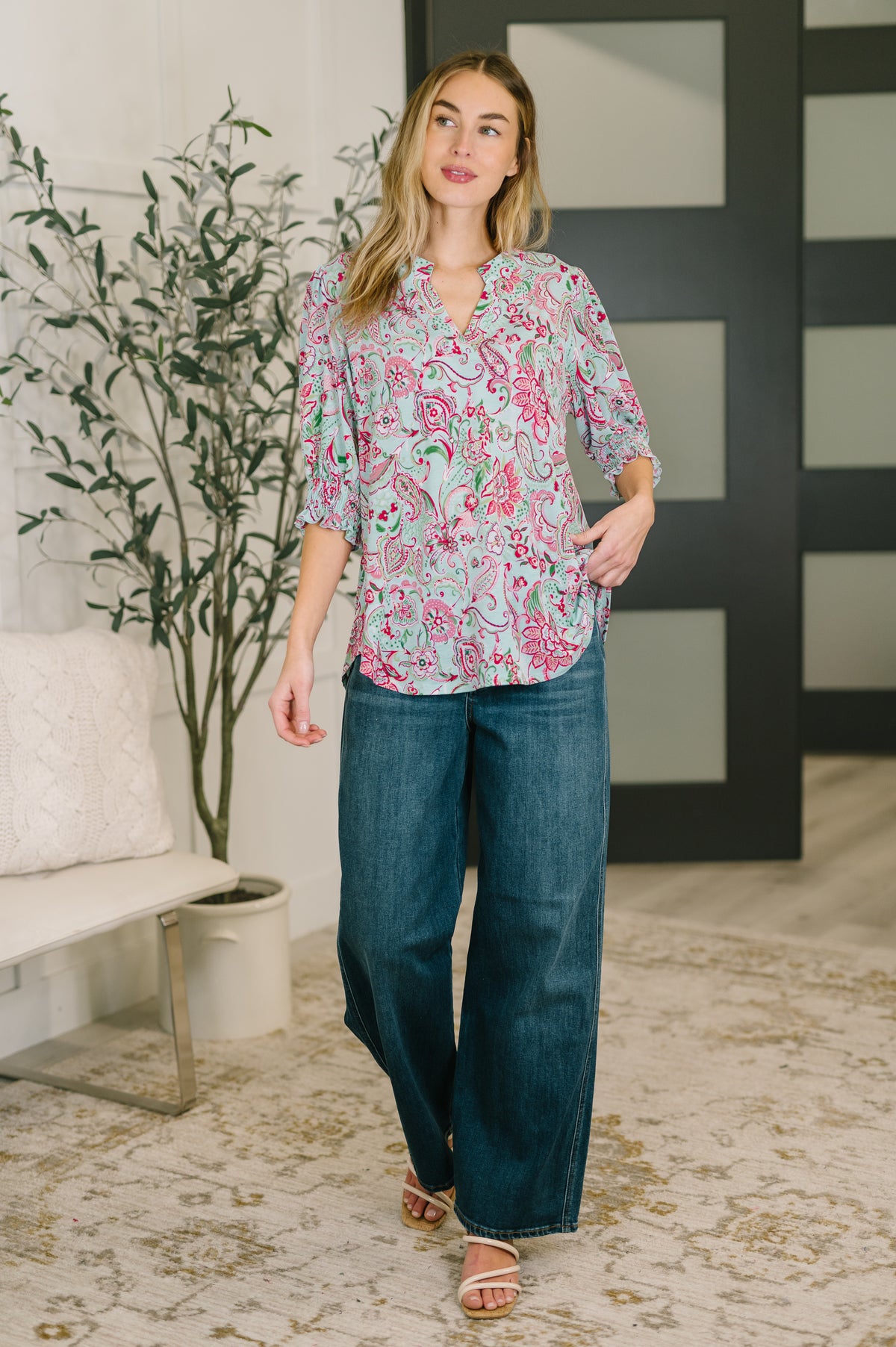 Lizzy Smock Top in Mint and Pink Floral Paisley - 2/20/2026