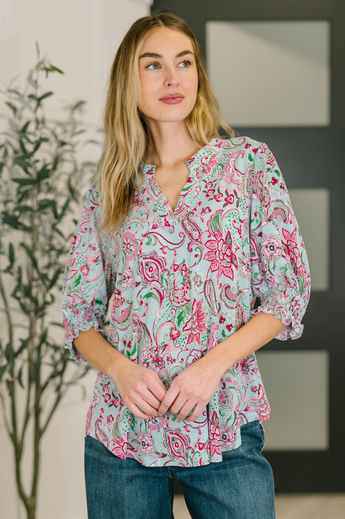 Lizzy Smock Top in Mint and Pink Floral Paisley - 2/20/2026
