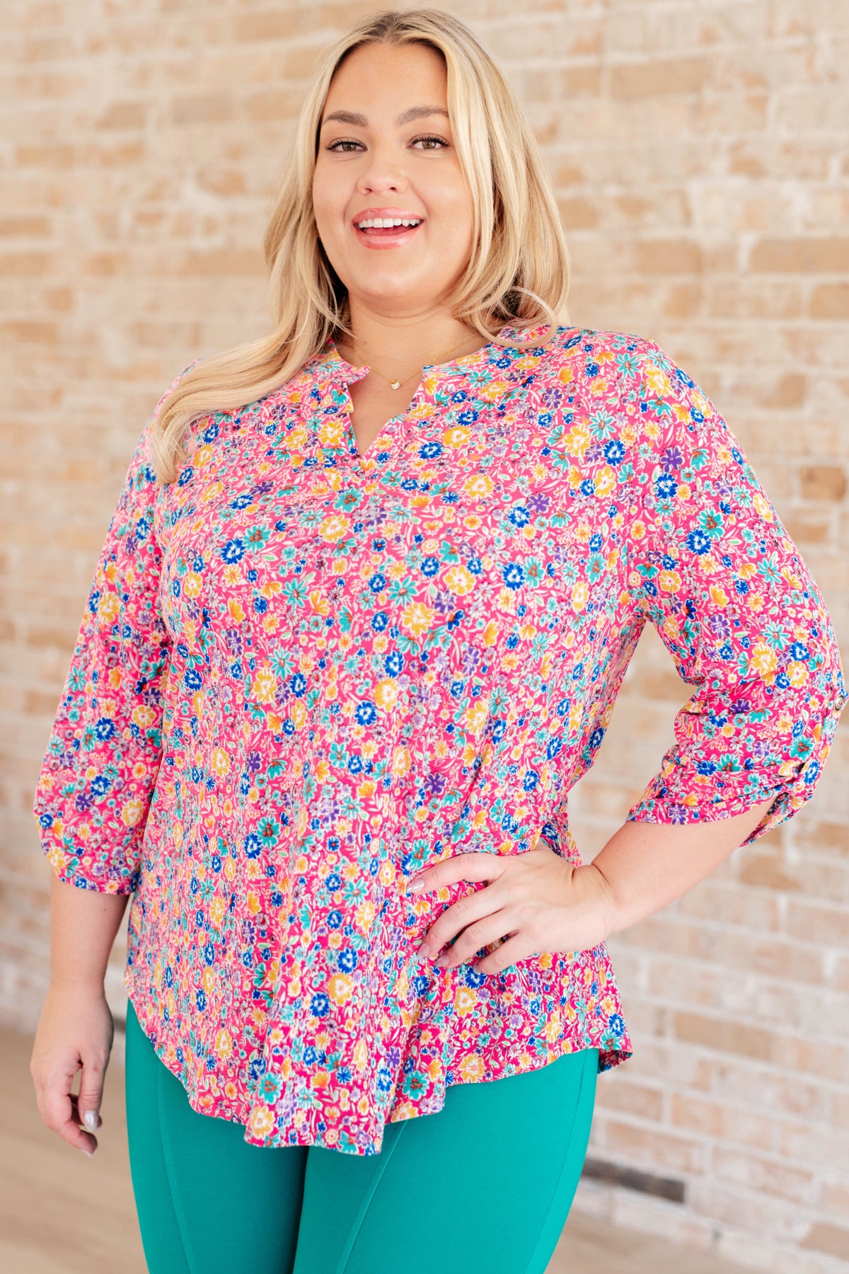 Lizzy Top in Hot Pink and Turquoise Ditsy Floral - 5/24/2024