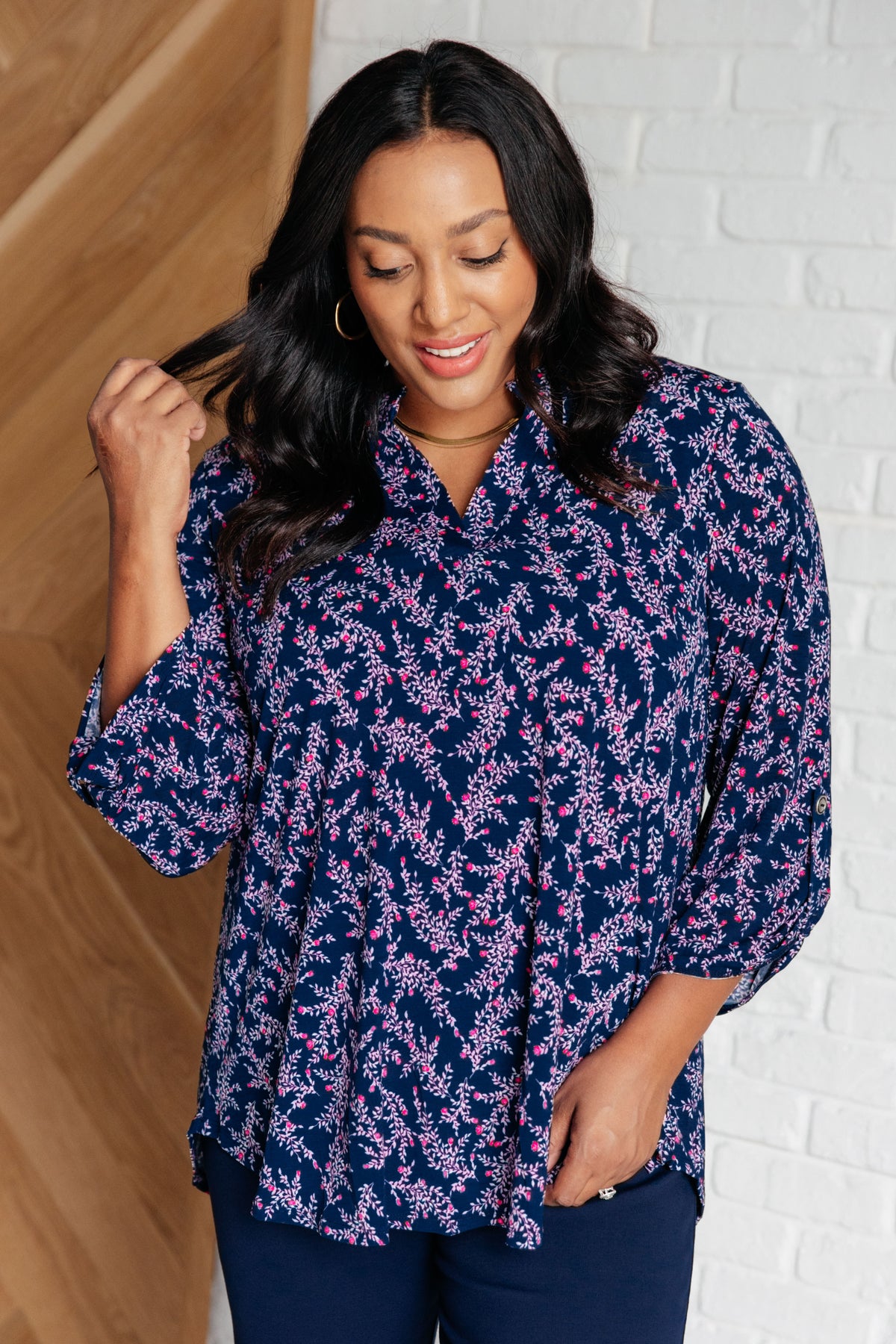 Lizzy Top in Navy and Magenta Petite Floral - 8/29/2024