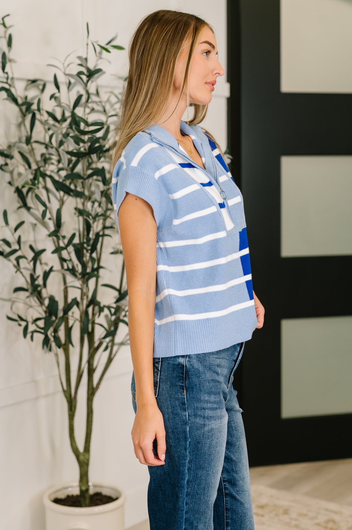 Lonely Traveler Striped Quarter Zip Vest in Blue - 7/28/2025