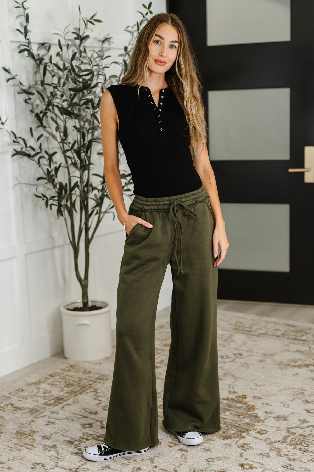 Lounge Line Wide Leg Sweats in Dark Olive - 8/20/2025
