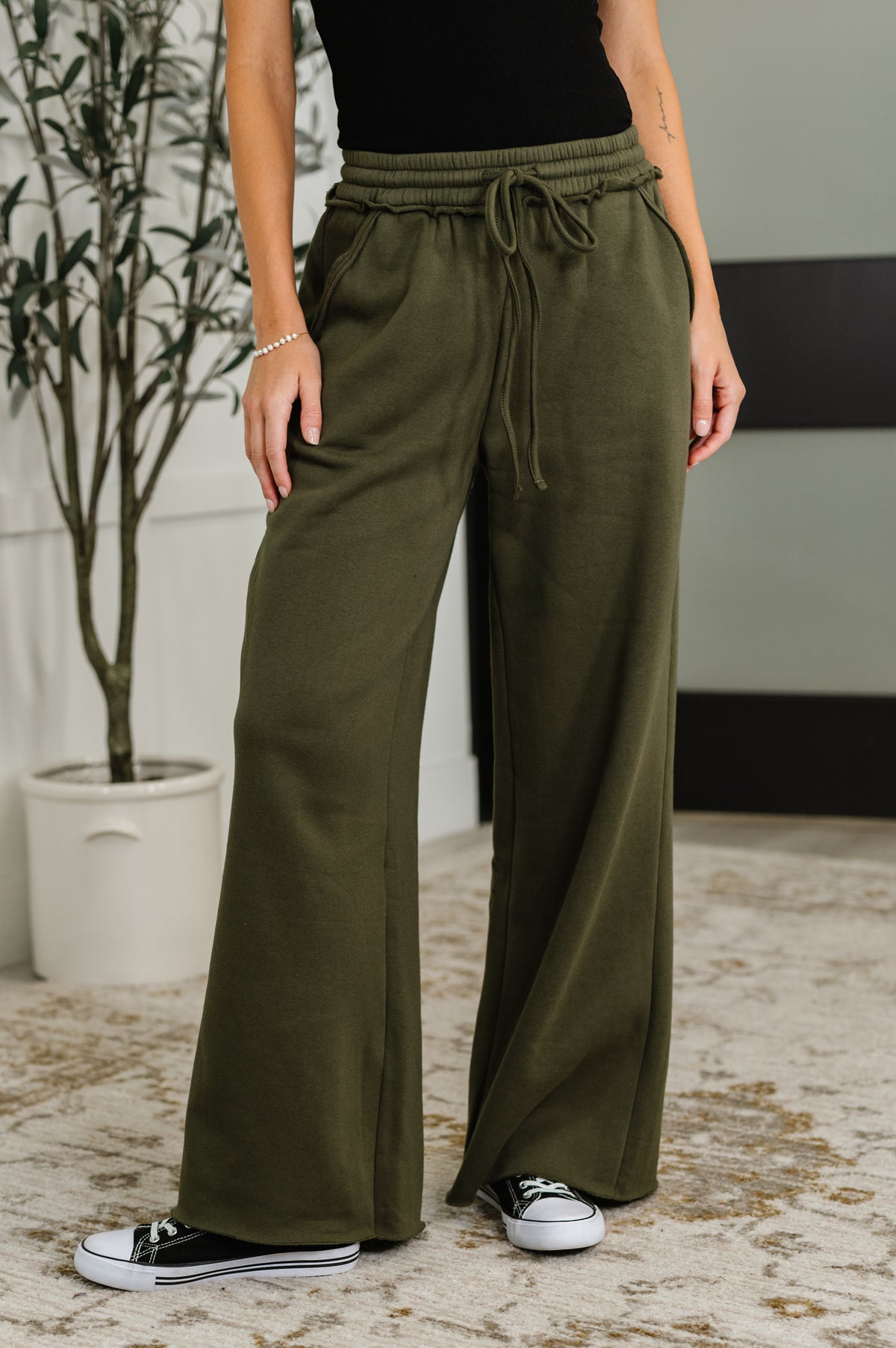 Lounge Line Wide Leg Sweats in Dark Olive - 8/20/2025