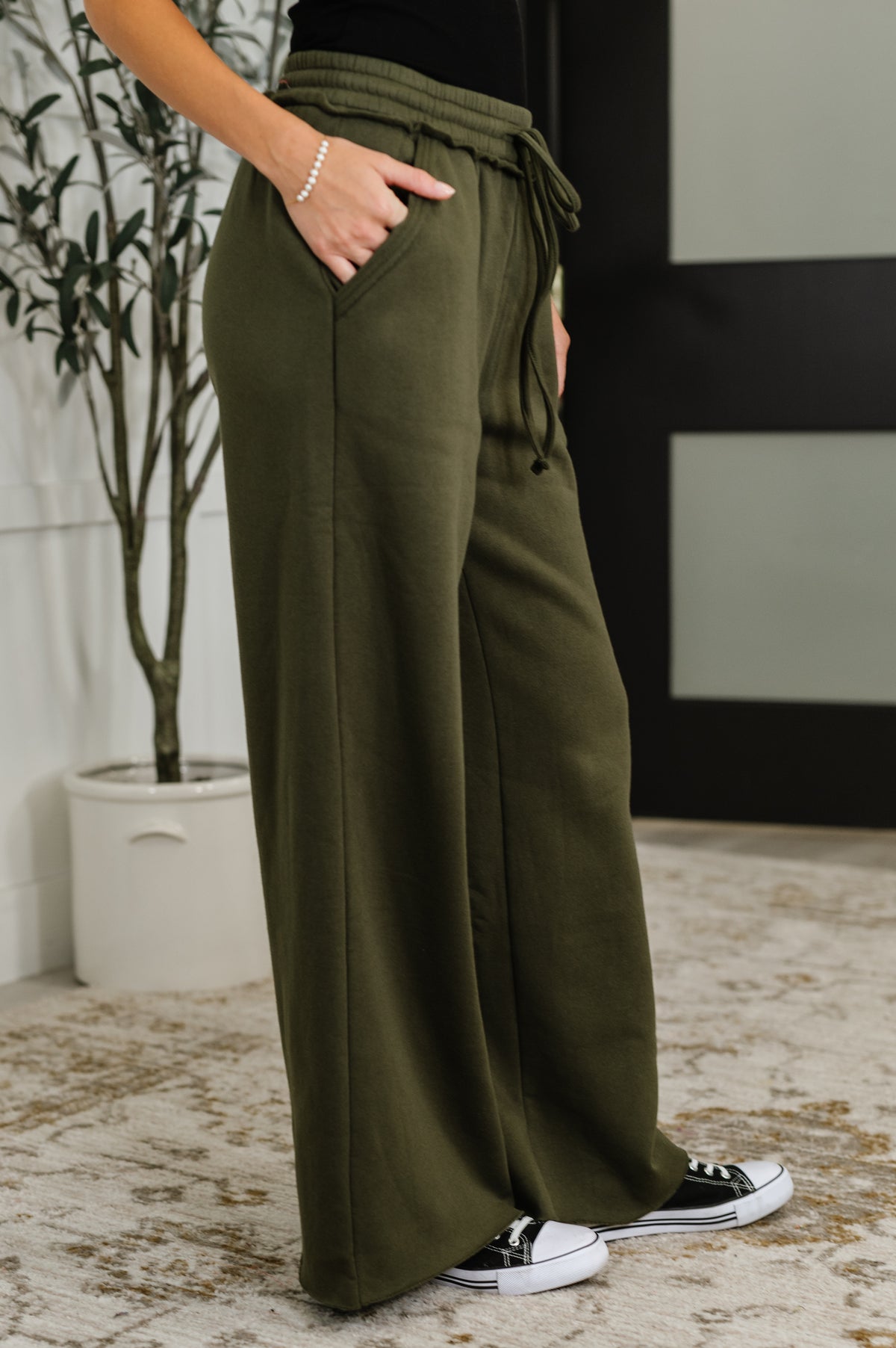 Lounge Line Wide Leg Sweats in Dark Olive - 8/20/2025